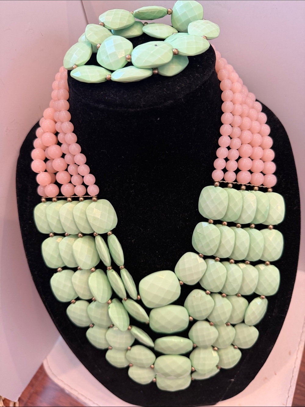 Multi-Strand Mint & Pink Statement Necklace and bracelets